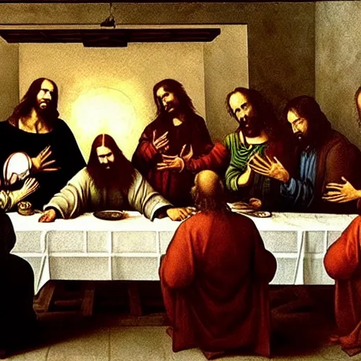 Image similar to the vampires from the show What we do in the shadows in the painting of the last supper by Leonard Da Vinci , photograph, ultrarealistic