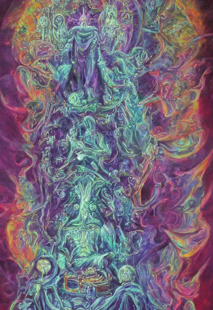 Image similar to terrible throne of the gnostic lunar mythos, award winning oil painting, iridescent color palette