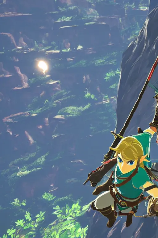 Image similar to in game footage of link from the legend of zelda breath of the wild climbing using magnesis, breath of the wild art style.