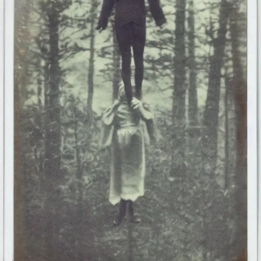 Prompt: Polaroid photo of a distant ominously glowing Victorian child floating ten feet above the ground in a thick forest