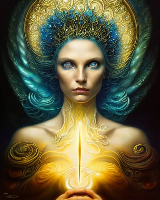 Prompt: a detailed portrait of dreampunk goddess ( waves ) ( gold ) fractal ) ( glass ) ( lightning ) beautiful! ( ( blue eyes ) ) by tomasz alen kopera and peter mohrbacher and johanna martine! and margaret keane! elegant alluring seductive luminescent
