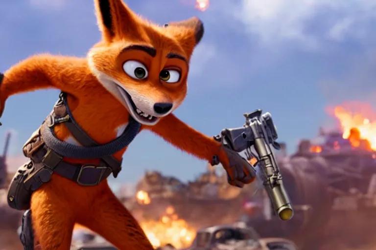 Image similar to nick wilde ( from zootopia ), heavily armed and armored facing down armageddon in a dark and gritty reboot from the makers of mad max : fury road