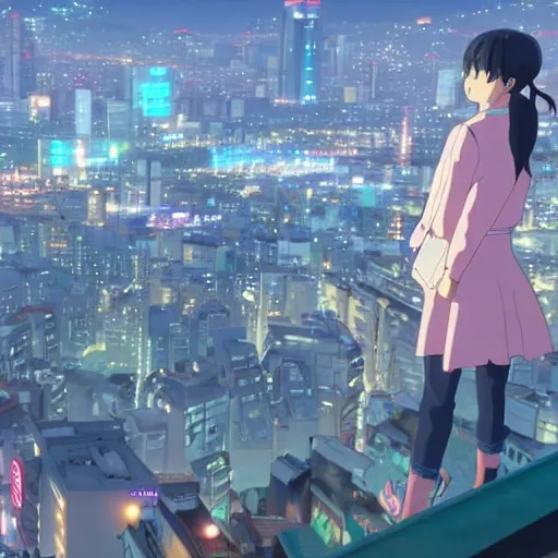Prompt: A screenshot of the girl on the a night city view of Seoul in the scene in the Makoto Shinkai anime film Kimi no na wa, pretty rim highlights and specular