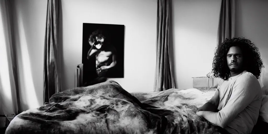 Image similar to a black and whirte portrait of a handsome guy posing in an east village bedroom, morning light, natural, long, brown curly hair, by larry clark award winning photograph