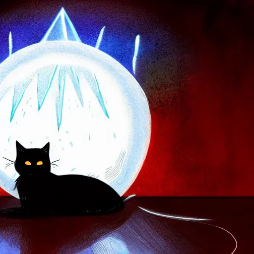 Image similar to black cat with one good eye sits atop a crystal ball on a table with red table cloth in dark room with lightning in windows, rain, digital illustration, studio ghibli
