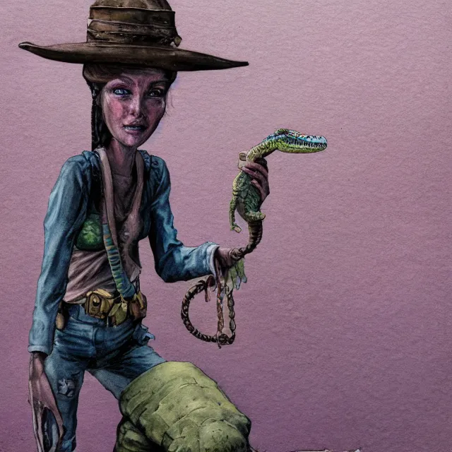 Prompt: a oil / watercolor painting full body character portrait of a illogical, odd, seasoned female anthropomorphic alligator miner on the wrong side of the law. in the style of moebius in the style of leonard boyarsky trending on artstation deviantart pinterest hyper detailed photorealistic highlights and shadow hd 8 k post - processing high resolution