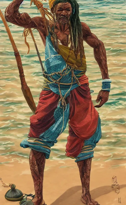 Image similar to character concept of a singular Jamaican fisherman wearing calico cloth and posing in a battle stance in the Jamaican sea, symmetrical face, dreadlocks, colors of Jamaica, cinematic, by Ross Tran and Artgerm and Peter Mohrbacher