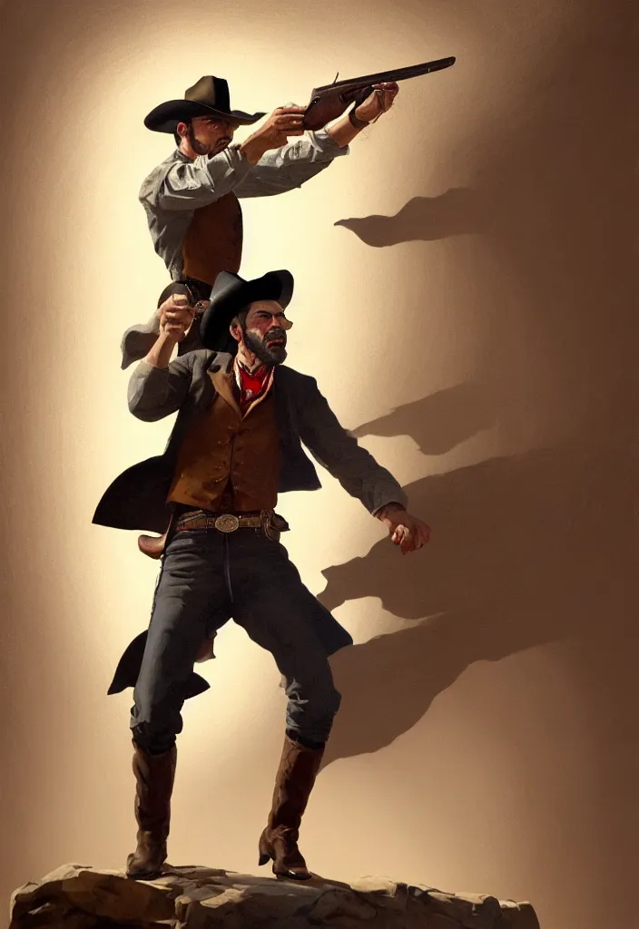 Prompt: acrylic on paper painting of an epic portrait of a cowboy firing his revolver while yelling, full body with dynamic pose and correct anatomy, during archetypical Old West period, 19th century, male, detailed face, cinematic lighting, by concept art trending on ArtStation, masterpiece, fantastic, octane render, 8K HD Resolution, High quality image