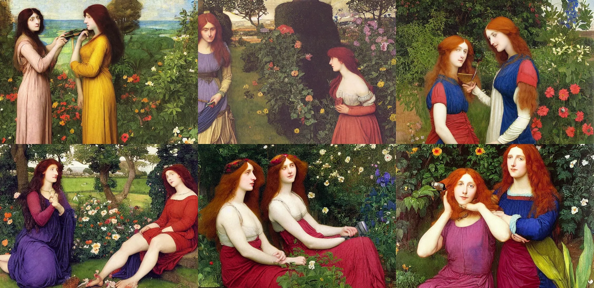 Prompt: a very very very colorful Pre-Raphaelite painting of two smiling women in a lush garden brushing their hair, wearing space suits, by Waterhouse