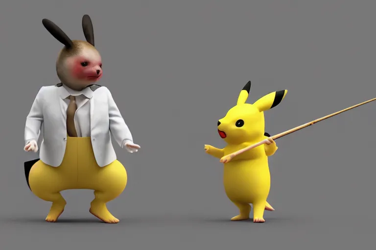 Image similar to hyperrealism simulation hyperrealism pikachu wearing hyperrealism tuxedo and smoking, fishing in hyperrealism scene from hyperrealism cyberpunk movie with many details by wes anderson and denis villeneuve and mike winkelmann rendered in blender and octane render