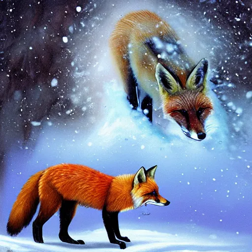 Image similar to a fantasy artwork of a red fox in the snow during a blizzard