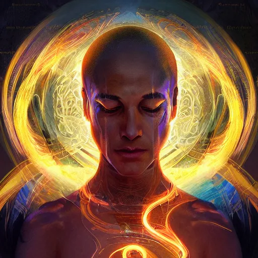 Prompt: meditative monk high detailed figure showing through fractal portal expressive energy swirls and bright glowing aura, deep neutral facial expression body figure, iconic album detailed poster art style by Andres Rios and Greg Rutkowski