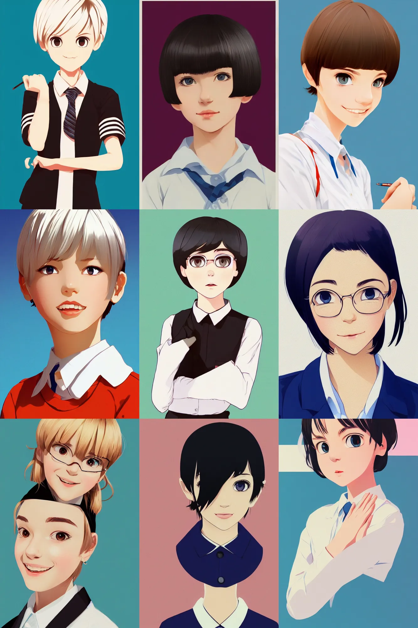 Prompt: a headshot of a happy cute girl with shoulder - length white short hair wearing school uniform, sharp focus, pure color background, illustration, two - third of the screen is left blank, morandi color scheme, art station, by ilya kuvshinov