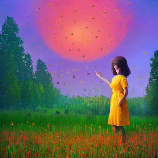 Image similar to girl with dandelion head, surreal photography, dream, standing in flower field, hills, big trees, sunrise dramatic light, impressionist painting, colorful clouds, digital painting, pointillism, artstation, simon stalenhag