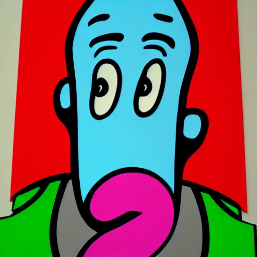 Image similar to handsome squidward portrait, realistic, pop art, vivid colors, long chin, face