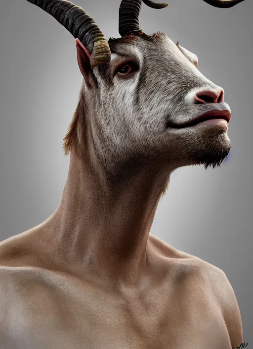 Image similar to anthropomorphic portrait of half goat will smith, au naturel, hyper detailed, digital art, trending in artstation, cinematic lighting, studio quality, smooth render, unreal engine 5 rendered, octane rendered, art style by klimt and nixeu and ian sprigger and wlop and krenz cushart