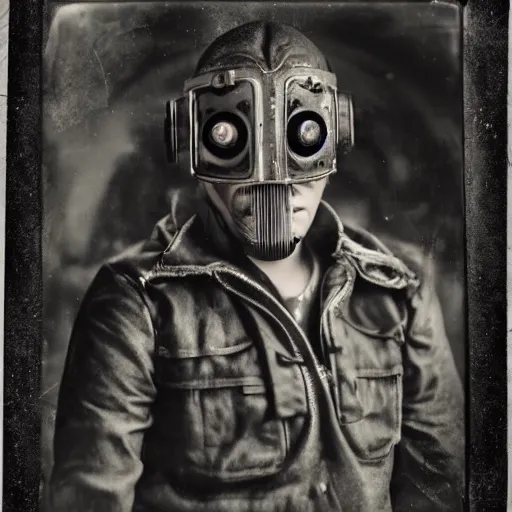 Image similar to tintype photographs of techno shamans, telepaths, dieselpunk cyborgs, masked heroes, irradiated humans, and monster hunters