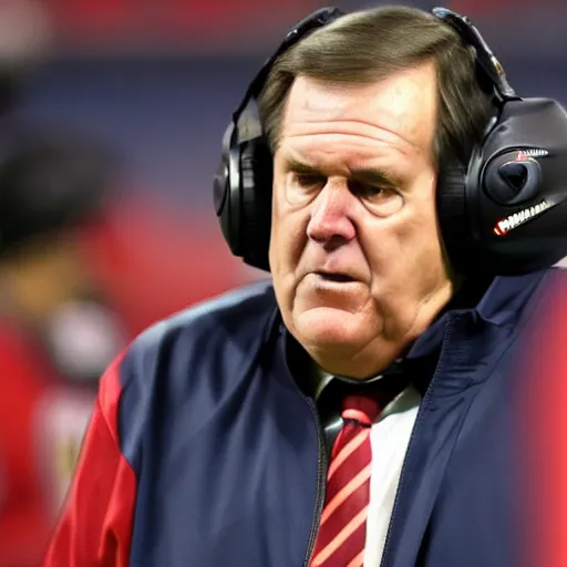 Image similar to Coach Belichick with glowing red eyes yelling at a football player