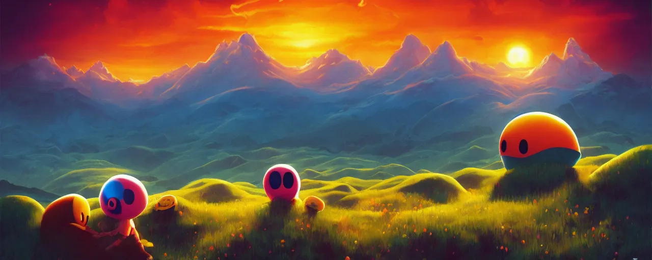 Image similar to detailed round pacman, with ghosts, in a beautiful nature landscape with clouds, mountains, in background, sunset, by rhads, round pacman, detailed, coherent