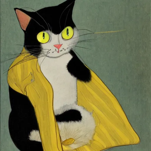 Prompt: a sitting black cat with yellow eyes by tsuguharu foujita, with a background, highly detailed, high quality, restored, historical art piece