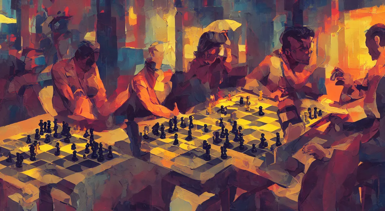 Image similar to a graph style gauche impasto, oil paint, people playing chess, steampunk art by james gilleard, cgsociety, retrofuturism, synthwave, retrowave, outrun, autumn color.