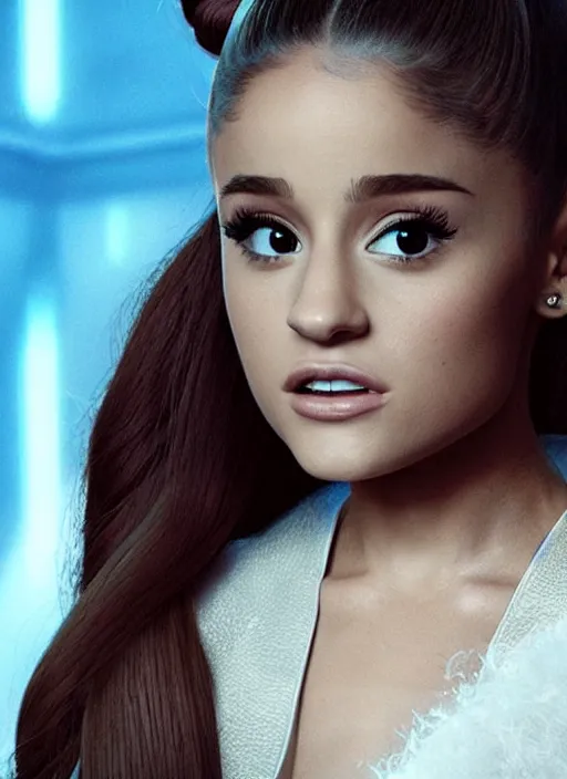 Image similar to a beautiful still of Ariana Grande in a stars wars film, dramatic, cinematic lighting