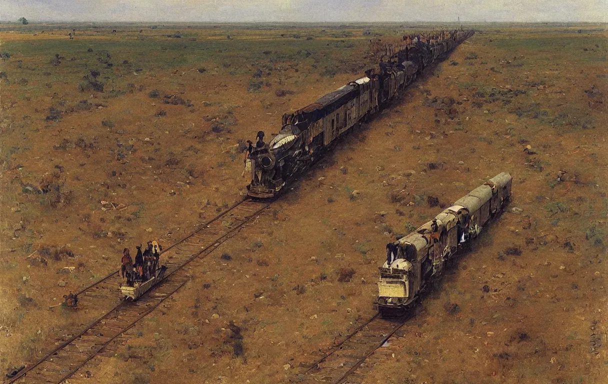 Image similar to train travelling on railroad across the nigerian plains, from above, 1885, highly detailed oil on canvas, by Ilya Repin