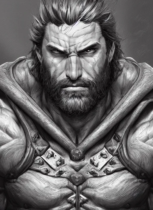 Prompt: portrait of a rugged ranger, muscular, upper body, hairy torso, D&D, fantasy, intricate, elegant, highly detailed, digital painting, artstation, concept art, smooth, sharp focus, illustration, art by artgerm