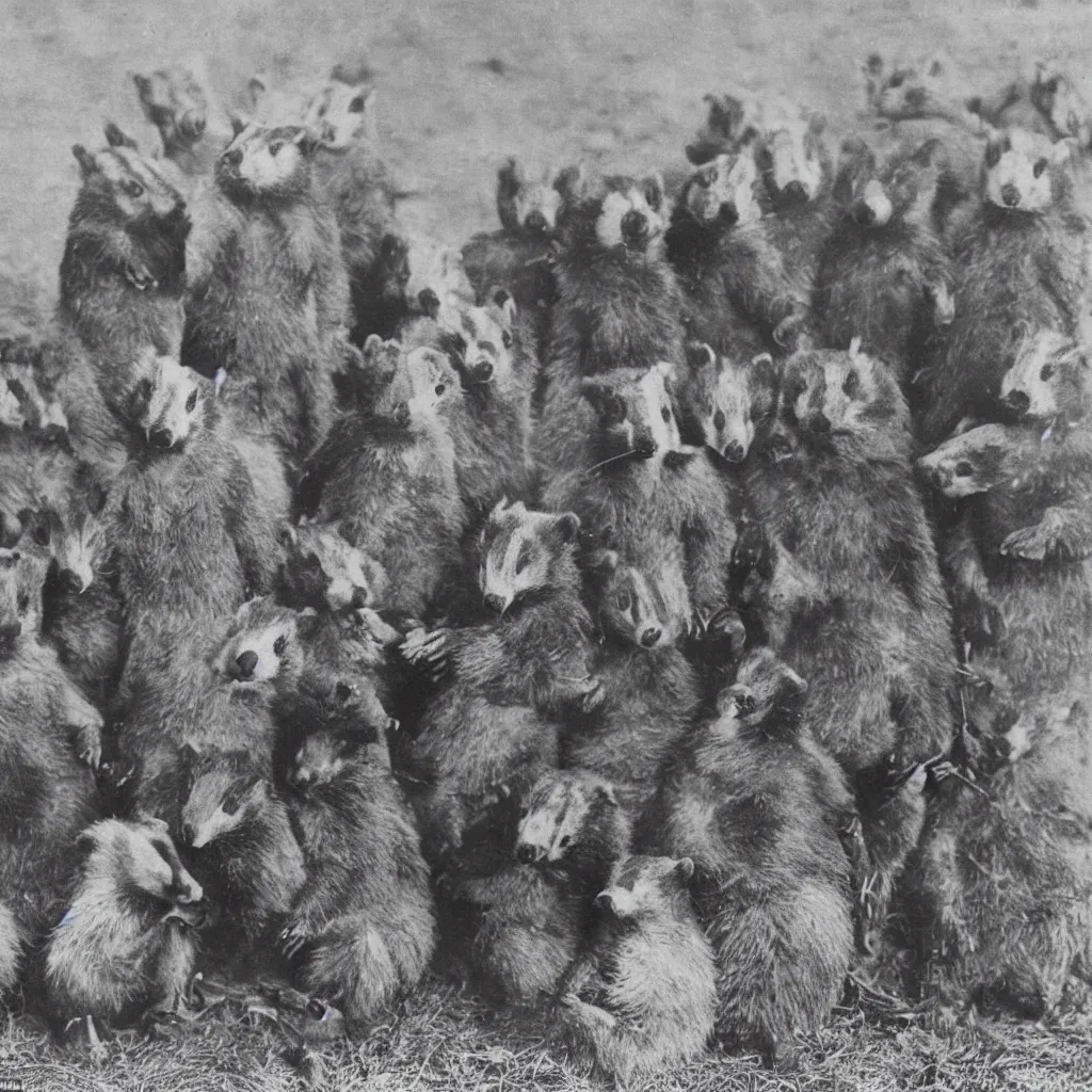 Prompt: a group of badgers with badger faces, in 1 9 4 0 s suits, standing upright like people, anthropomorphic, style of beatrix potter, digging at sutton hoo, their faces are badger's faces, rendered as a highly detailed black & white photograph