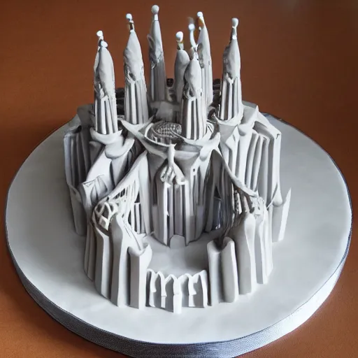 Image similar to a cake design inspired by a city by m. c. escher and gaudi sagrada familia