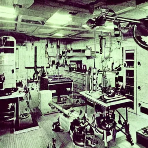 Image similar to interior of alien laboratory with strange device at the center of a room, bright colors, photo