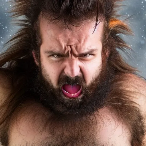 Image similar to A small angry hairy man with wild hair and huge claws. He might be Canadian