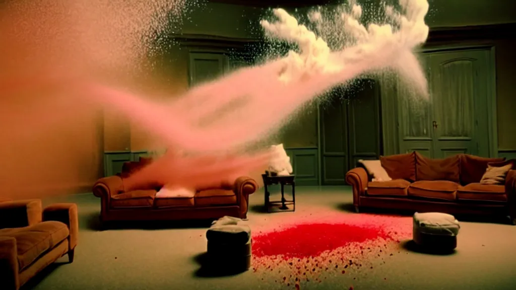 Image similar to colored powder explosion in the living room, film still from the movie directed by Denis Villeneuve with art direction by Salvador Dalí, wide lens