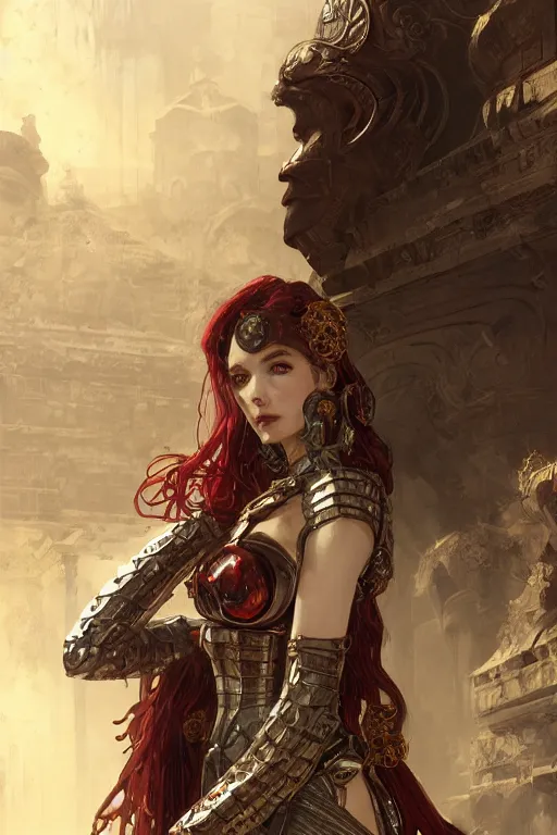 Image similar to portrait knights of Zodiac girl, metallic black and reddish reflected armor, in ruined Agora of Athens, ssci-fi, fantasy, intricate, very very beautiful, elegant, highly detailed, digital painting, artstation, concept art, smooth, sharp focus, illustration, art by tian zi and WLOP and alphonse mucha