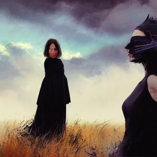 Image similar to morning, raven perching on the shoulder of a woman in a black dress. sun, cinematic, clouds, vogue cover style, contracting colors mood, realistic painting, intricate oil painting, high detail, figurative art, multiple exposure, poster art, 3 d, by simon bisley, ismail inceoglu, wadim kashin, filip hodas.