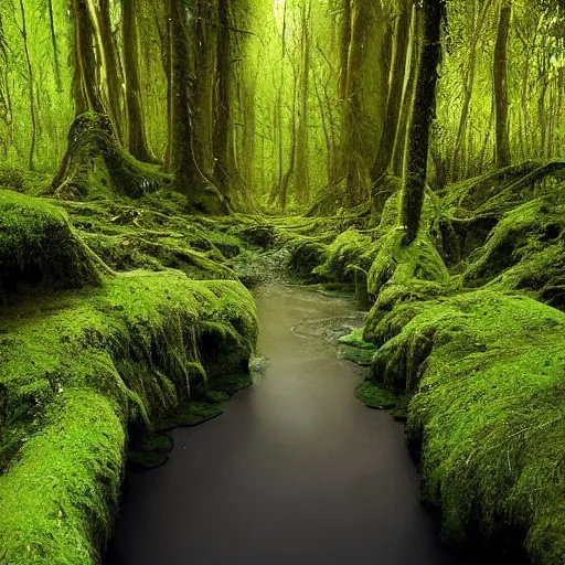 Prompt: pools of water in a forest, as far as the eye can see, the wood between the worlds, narnia, lush green forest, moss,