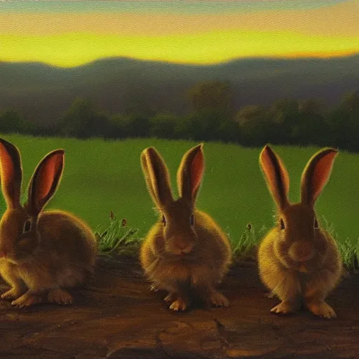 Image similar to painting of four baby bunnies an a green hill at sunset