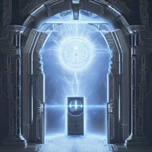 Image similar to an intricate and detailled render of the last gatekeeper, standing in front of the door of time glowing from it's magic plasma, by tivadar csontvary kosztka,, trending on art station, + soft illumination, intricate detail, highly detailed, atmospheric, hades, rendered in octane, slav epic