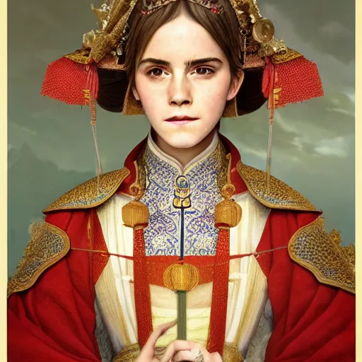 Image similar to a highly detailed portrait of emma watson as a medieval chinese princess, beautiful detail and color, art by john collier and albert aublet and krenz cushart and artem demura and alphonse mucha, volumetric lighting, octane render, 4 k resolution, trending on artstation, masterpiece