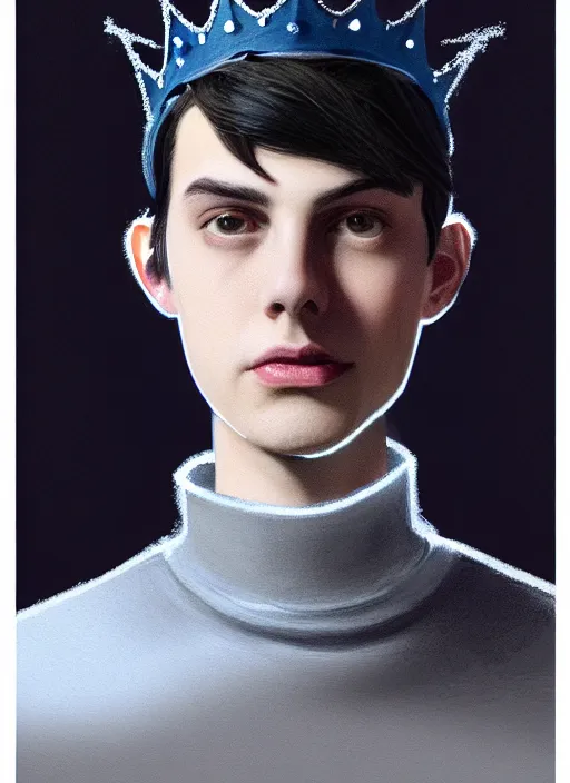 Image similar to portrait of teenage jughead jones wearing a light grey crown, crown, blue turtleneck, closed eyes, photorealistic, black hair, glowing lighting, intricate, elegant, glowing lights, highly detailed, digital painting, artstation, concept art, smooth, sharp focus, illustration, art by wlop, mars ravelo and greg rutkowski