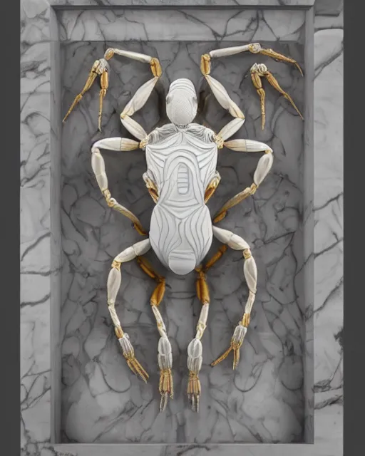 Image similar to symmetry, white marble bas relief sculpture of a white marble crab woman made of white marble crabs and spiders and scorpions, white marble with interacte gold wire inlay, art nuevo, octane, 8 k, hdr, art by hr geiger and ridley scott and alphonse mucha, trending on artstation