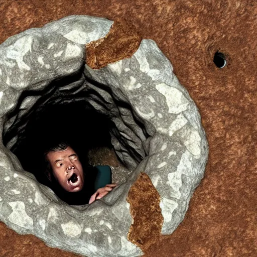 Prompt: man stuck in hole in rock fave, psychological horror