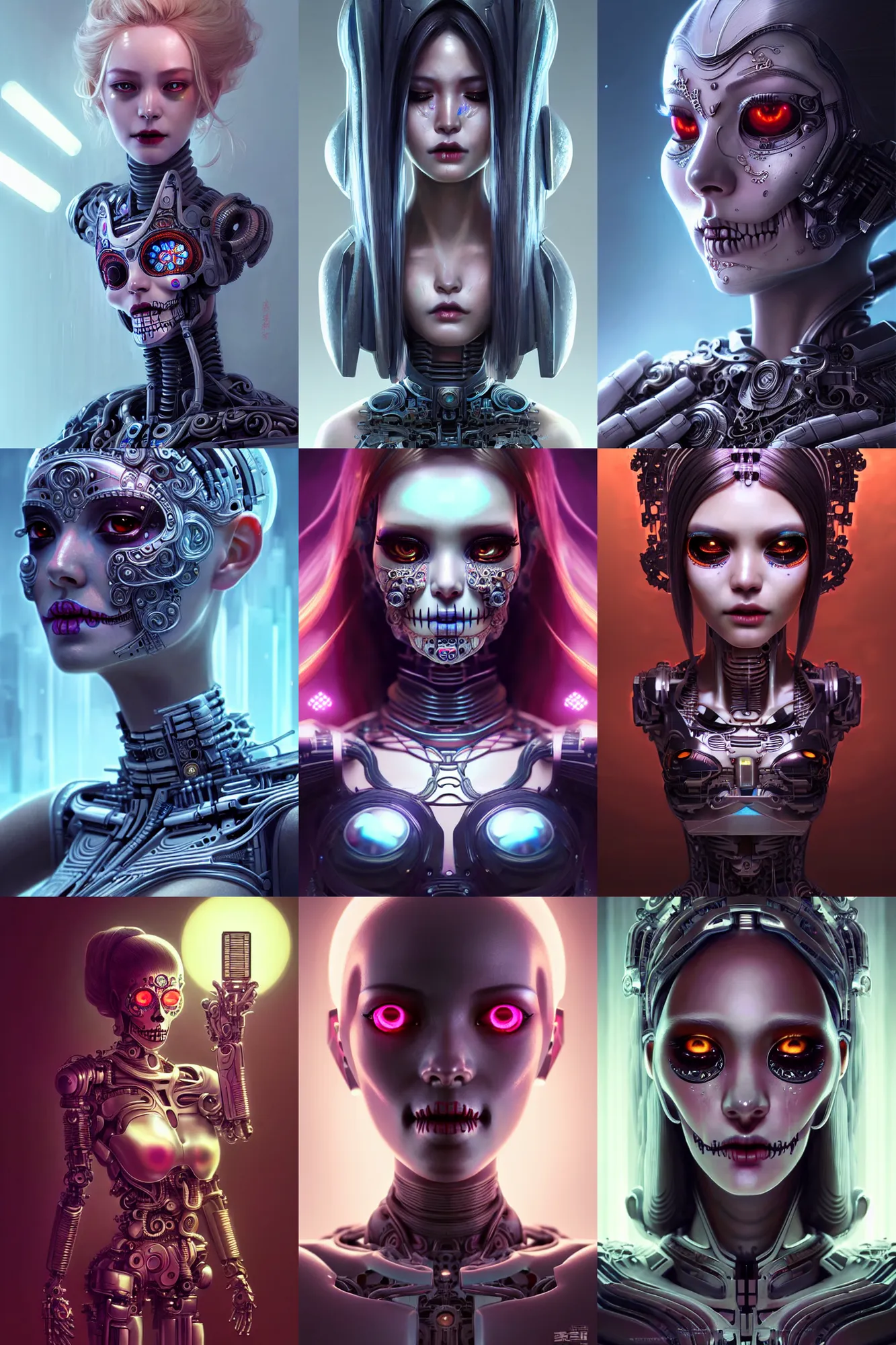 Prompt: beautiful crying female android! deity, ( mechanical ), intricate, super highly detailed, global illumination, concept art, ( el dia los muertos ), smooth, blade runner, photorealism, hd, 8 k, beautiful, cinematic, art by rossdraws and kuciara and moebius and rutkowski and artgerm and mucha and loish and wlop