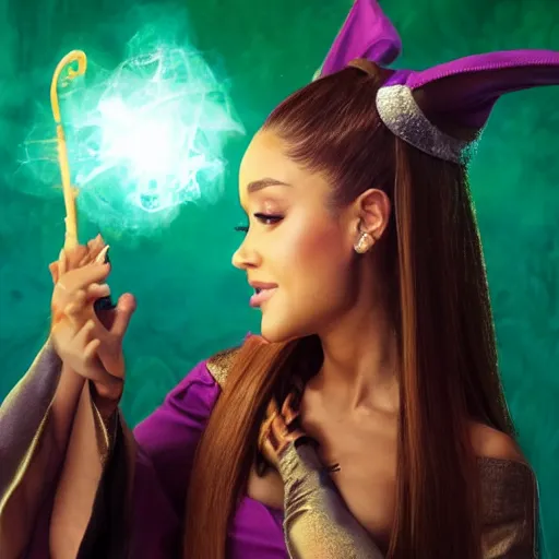 Prompt: ariana grande as a cute mage casting a spell