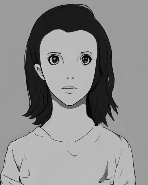 Image similar to Millie Bobby Brown in black and white anime