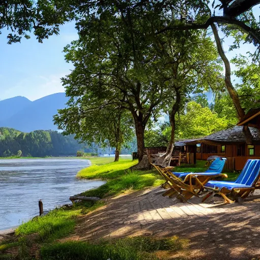 Prompt: A cottage on a river bank Surrounded by trees and mountains in the background and beach chairs in the foreground