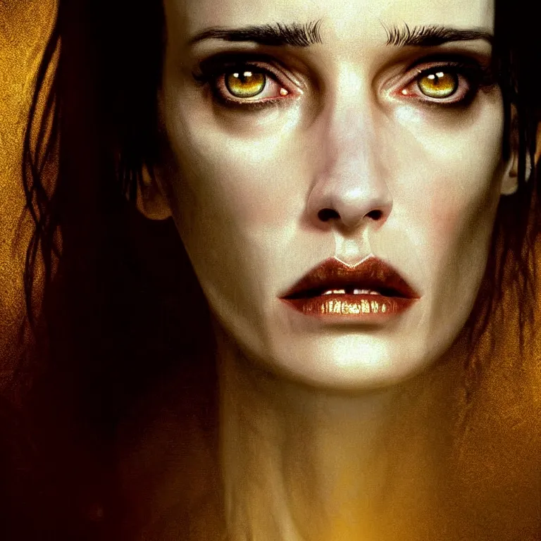 Image similar to epic professional digital art of startling winona ryder - raw, faint golden moody atmospheric lighting, painted, intricate, detailed, detailed, foreboding, by leesha hannigan, wayne haag, reyna rochin, ignacio fernandez rios, mark ryden, iris van herpen, epic, stunning, gorgeous, much wow, cinematic, masterpiece.