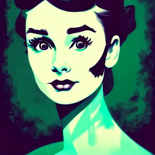 Prompt: in the style of joshua middleton, artgerm, beautiful audrey hepburn, bioshock, full body green dress, elegant pose, spooky, symmetrical face symmetrical eyes, three point lighting, detailed realistic eyes, insanely detailed and intricate elegant, underwater home