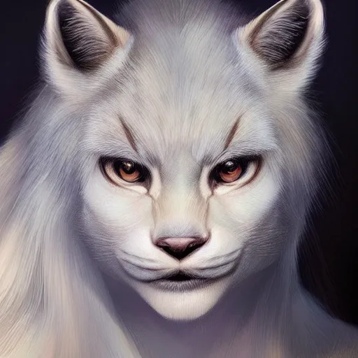 Image similar to beautiful realistic portrait of a person with white lynx head by artgerm, furry fantasy art