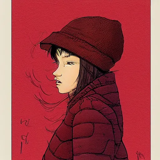 Prompt: teenager girl wearing winter clothes, drawn by jean giraud and moebius, red tones, detailed drawing, flat colors